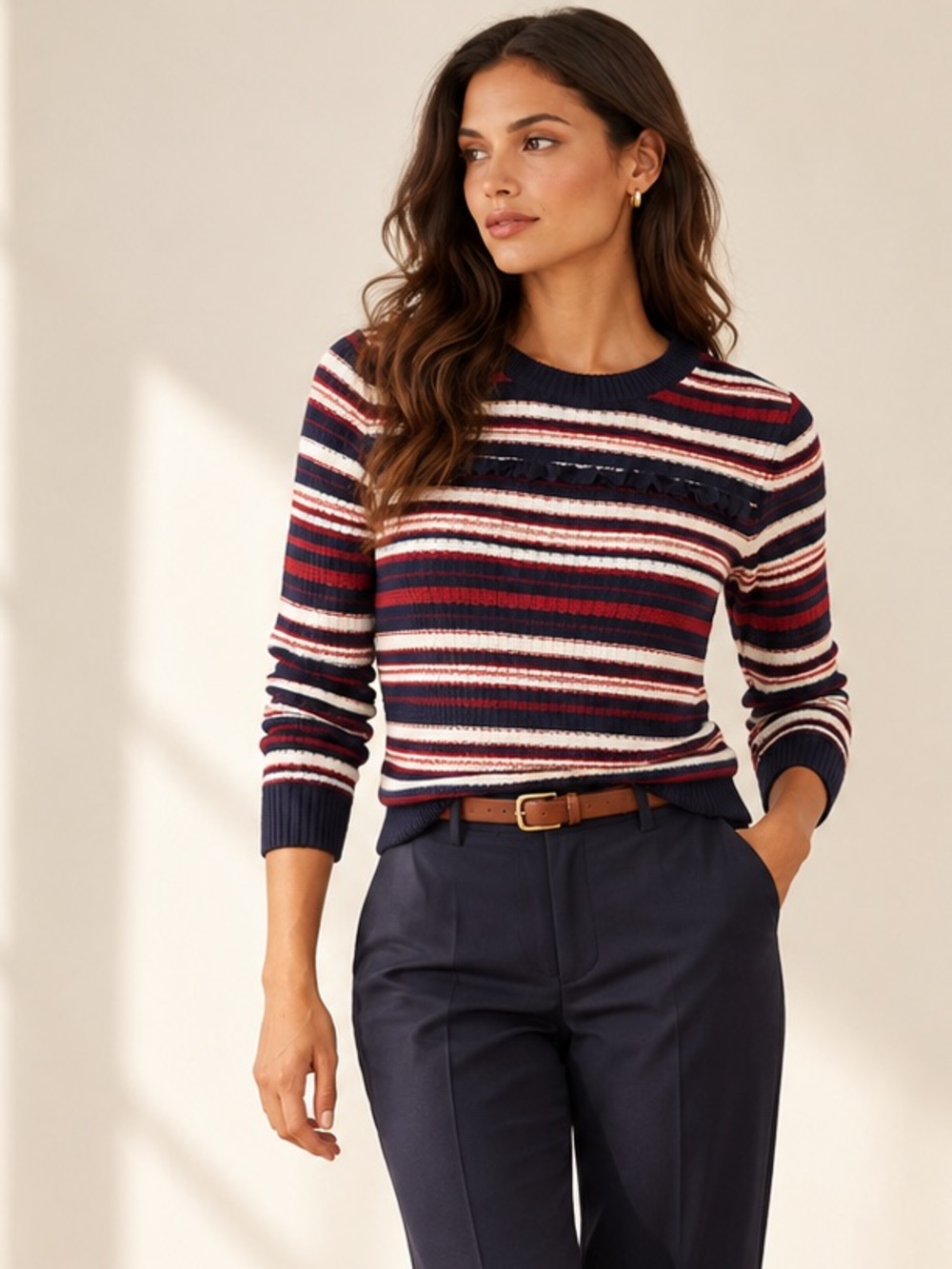 Brooks Brothers Ruffle Stripe Cotton Knit Preppy Quiet Luxury S